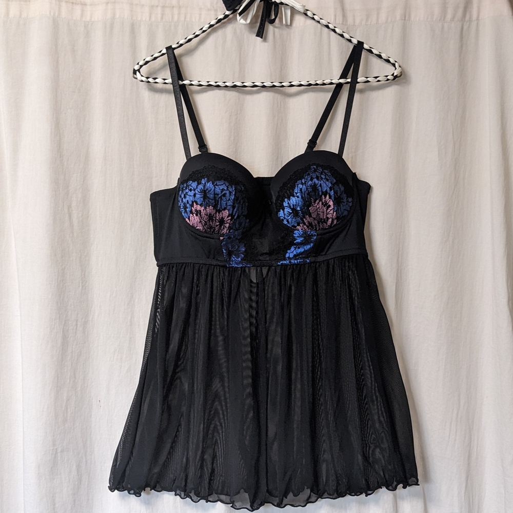 Vintage Frederick's Of Hollywood Floral And Mesh Baby Doll Lingerie Dress